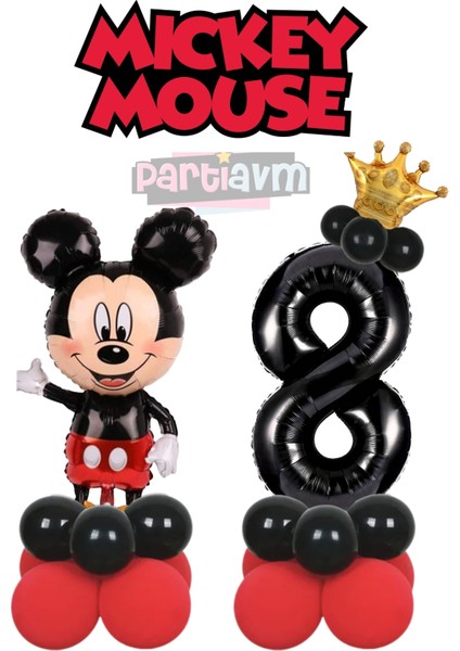 8 Yaş Mickey Mouse Balon Seti Siyah Rakam Balonlu Balon Sütunu Miki Fare Parti Teması Kolay Kurulum.