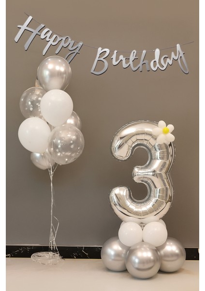 3 Yaş Gümüş Rakam Balonlu Doğum Günü Parti Seti Silver Renk Rakam Krom Balon Happy Birthday Yazı