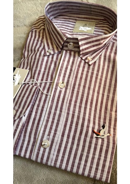 Butikmayamoda Orijjnal Marka Pamuk Keten Bordo Cizgili Comfort Fit Gomlek