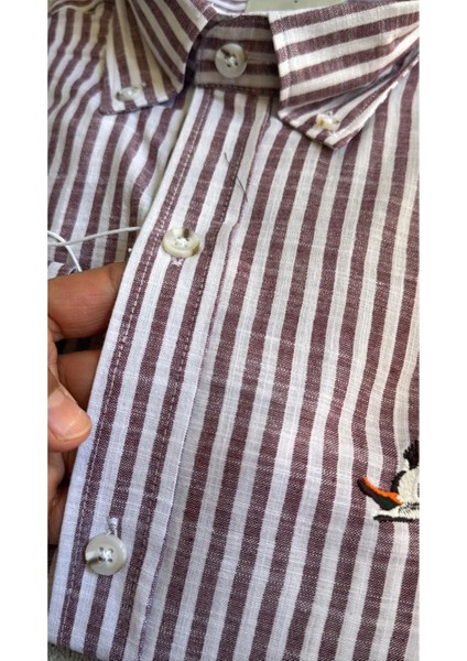 Butikmayamoda Orijjnal Marka Pamuk Keten Bordo Cizgili Comfort Fit Gomlek fiyatları