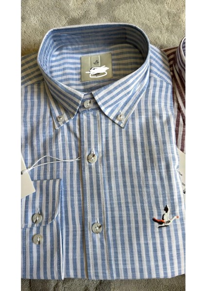 Butikmayamoda Orijjnal Marka Pamuk Keten Mavi Cizgili Comfort Gomlek