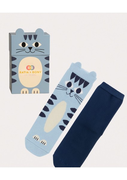 Çocuk Kedi Desenli 2'li Kutulu Soket Çorap Mavi fiyatları