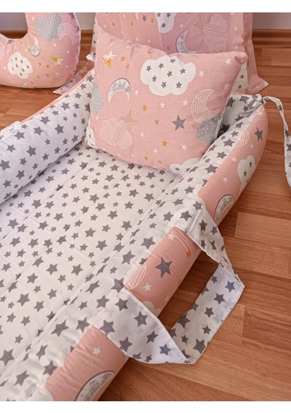 Pembe Bulutlu Kare Yataklı 7 Parça Babynest Seti
