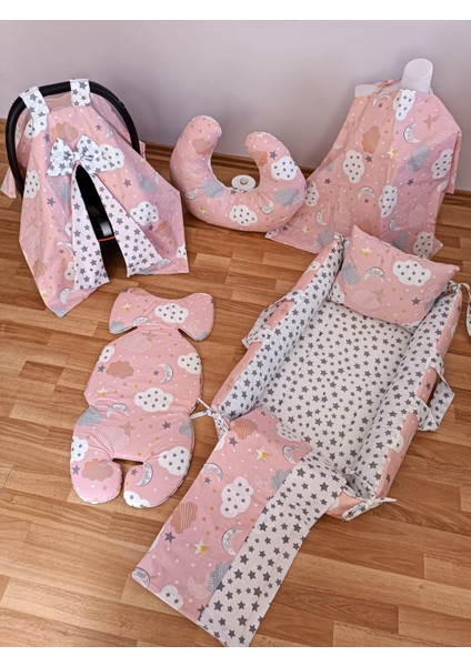 Pembe Bulutlu Kare Yataklı 7 Parça Babynest Seti