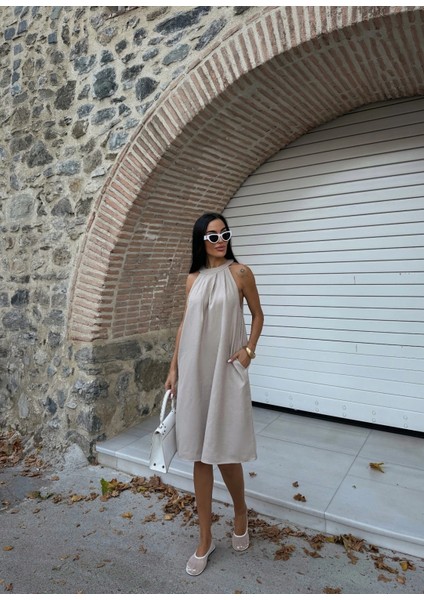 Halter Yaka Dokuma Midi Elbise
