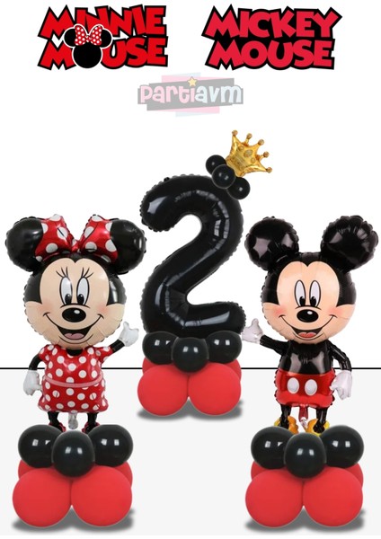 2 Yaş Mickey Fare Minnie Fare Balon Kırmızı Siyah Rakam Balonlu Balon Sütunu Kız Erkek Miki Mini