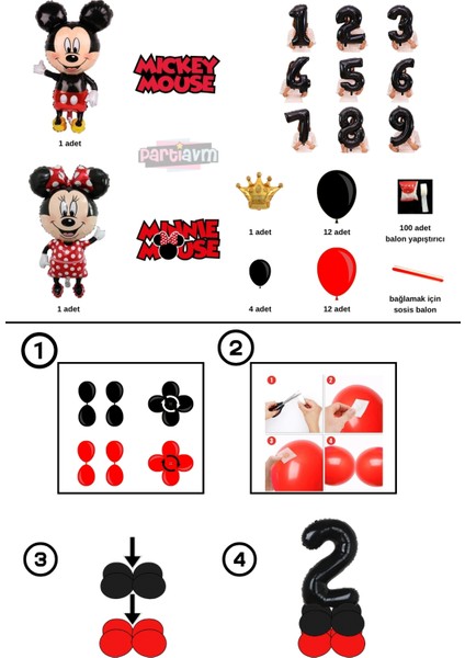 2 Yaş Mickey Fare Minnie Fare Balon Kırmızı Siyah Rakam Balonlu Balon Sütunu Kız Erkek Miki Mini modelleri