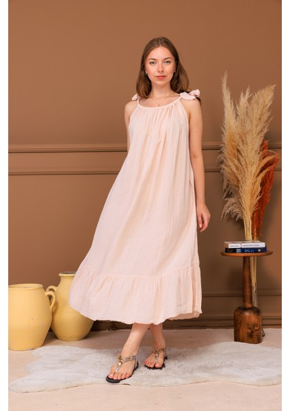 %100 Pamuk Müslin Fiyonk Askılı Maxi Elbise