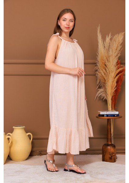 %100 Pamuk Müslin Fiyonk Askılı Maxi Elbise modelleri
