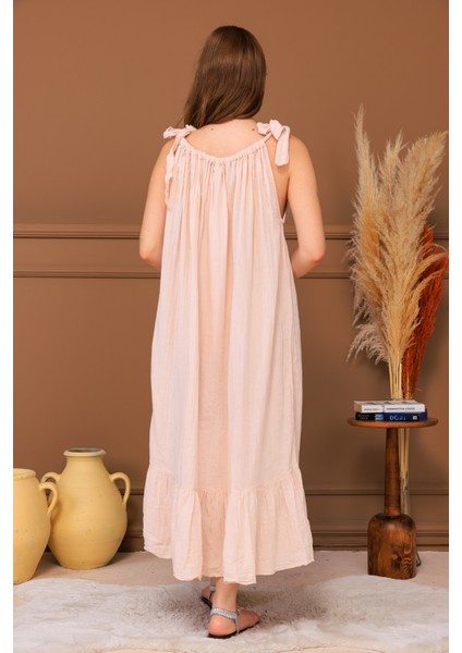 %100 Pamuk Müslin Fiyonk Askılı Maxi Elbise fırsatları