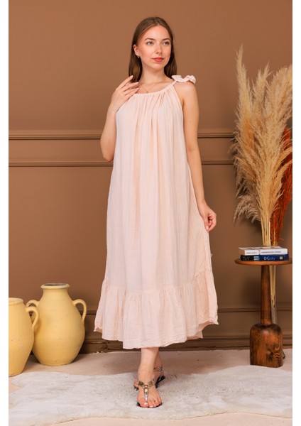 %100 Pamuk Müslin Fiyonk Askılı Maxi Elbise indirimleri