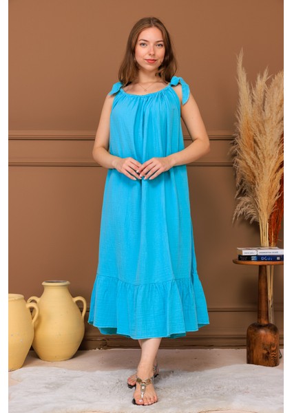 %100 Pamuk Müslin Fiyonk Askılı Maxi Elbise