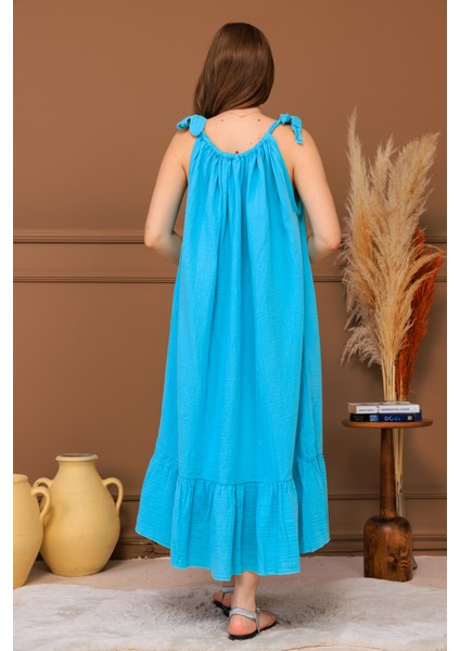 %100 Pamuk Müslin Fiyonk Askılı Maxi Elbise modelleri