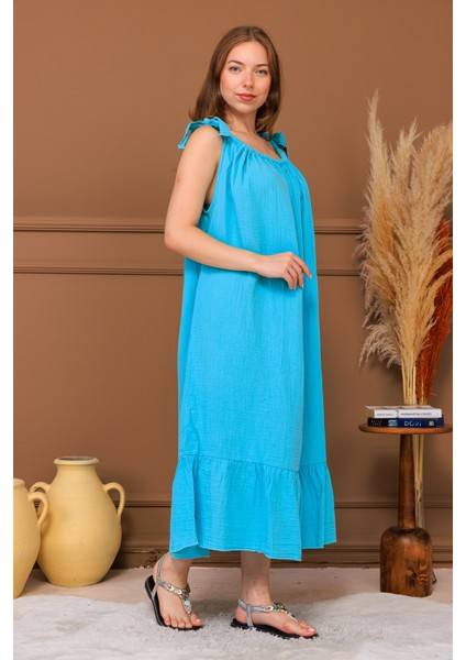 %100 Pamuk Müslin Fiyonk Askılı Maxi Elbise fırsatları