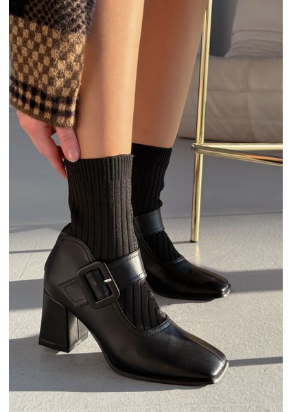 Clyra Mat Deri Triko Siyah Kadın Streç Bot