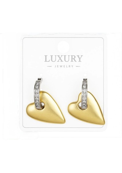 Taş ve Kalp Detaylarla Süslemeli Kalp Sallantılı Halka Çelik Küpe