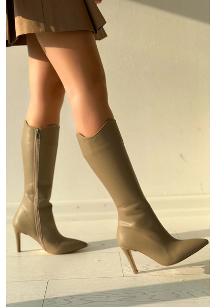 Lesiva Kadın Mat Deri Topuklu Çizme Nude modelleri