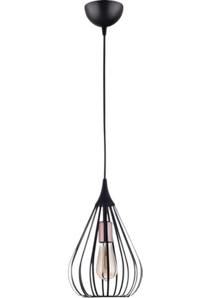 Kafes Tekli Modern Sarkıt – Siyah, Metal Gövde & Rustik Ampul Uyumlu | E27 Duy