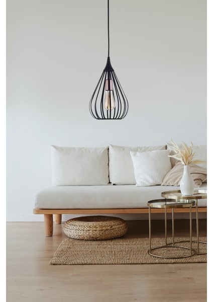 Kafes Tekli Modern Sarkıt – Siyah, Metal Gövde & Rustik Ampul Uyumlu | E27 Duy modelleri