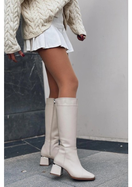 Vionser Mat Deri Kadın Topuklu Çizme Bej