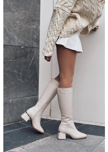 Vionser Mat Deri Kadın Topuklu Çizme Bej fiyatları