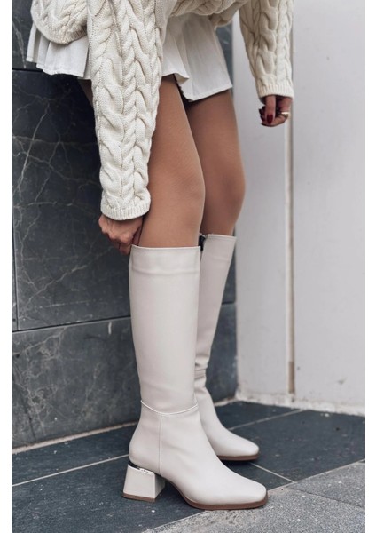 Vionser Mat Deri Kadın Topuklu Çizme Bej modelleri