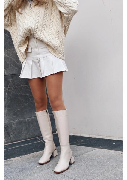 Vionser Mat Deri Kadın Topuklu Çizme Bej indirimleri