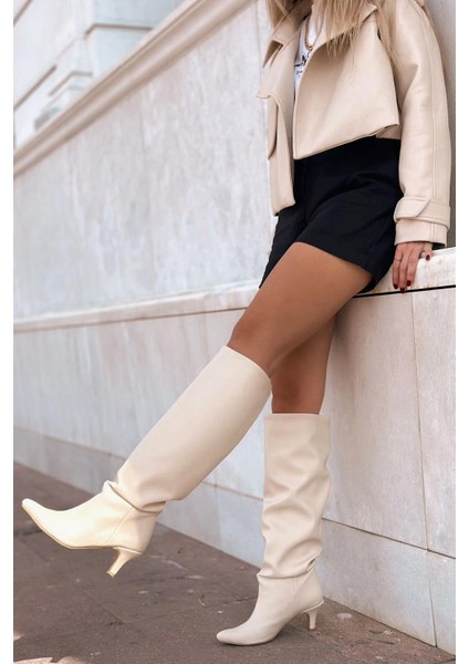 Sollet Bej Körüklü Ince Topuklu Günlük Kadın Çizme