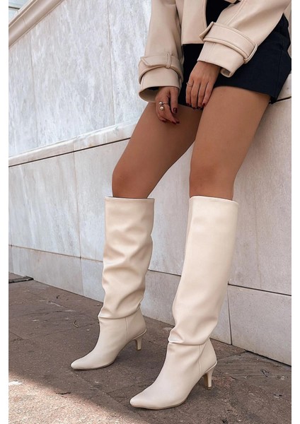 Sollet Bej Körüklü Ince Topuklu Günlük Kadın Çizme fırsatları