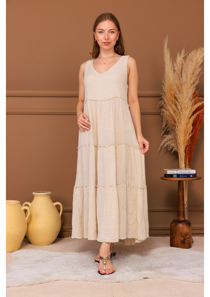 %100 Pamuk Müslin Katlı Maxi Elbise