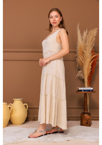%100 Pamuk Müslin Katlı Maxi Elbise indirimleri
