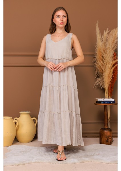 %100 Pamuk Müslin Katlı Maxi Elbise