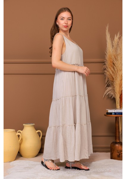 %100 Pamuk Müslin Katlı Maxi Elbise fiyatları