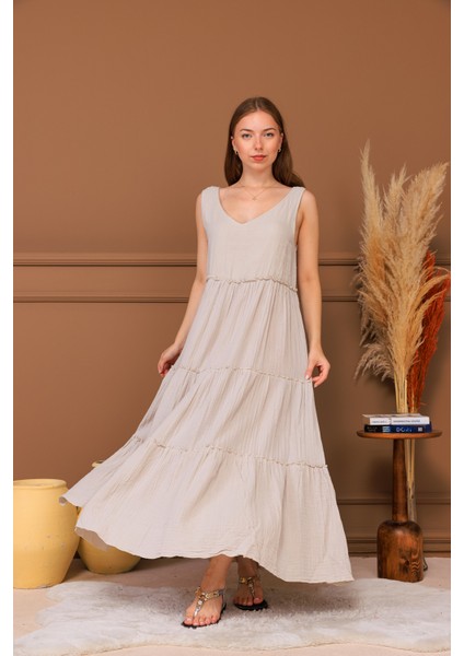 %100 Pamuk Müslin Katlı Maxi Elbise fırsatları