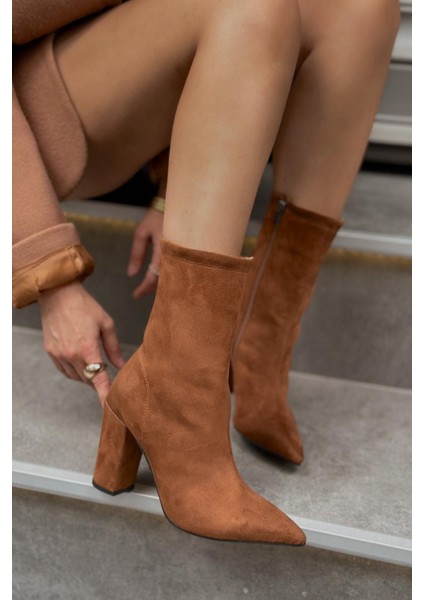 Vaponi Süet Yüksek Topuklu Kadın Bot Taba