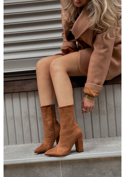 Vaponi Süet Yüksek Topuklu Kadın Bot Taba fırsatları