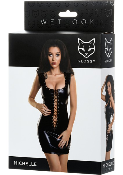 Glossy Michelle Deri Elbise, Perçinli, Wetlook , Siyah, L indirimleri
