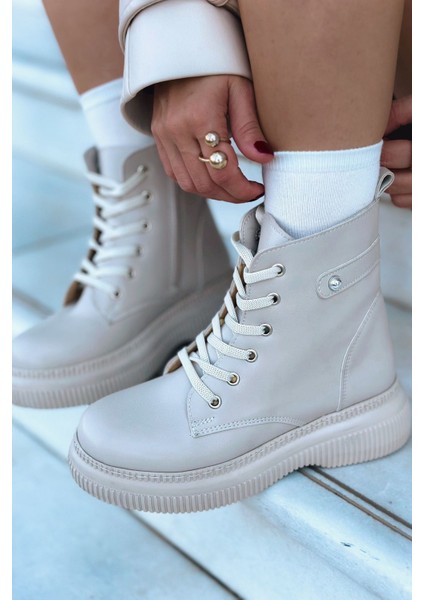 Vonicca Mat Deri Kalın Taban Bej Kadın Postal