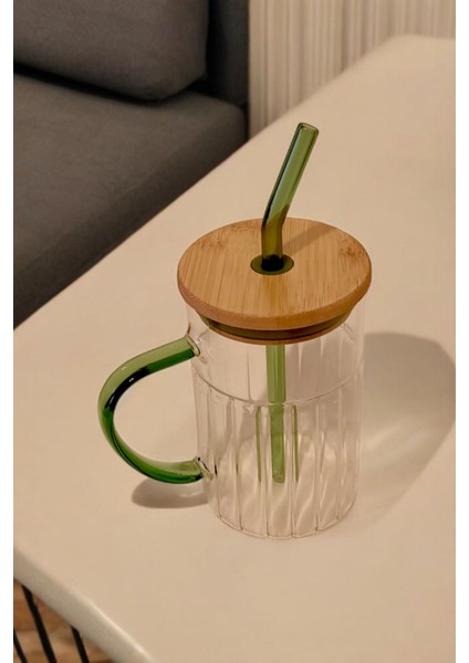 Bambu Kapaklı Cam Pipetli Kupa 420 ml | Yeşil fiyatları