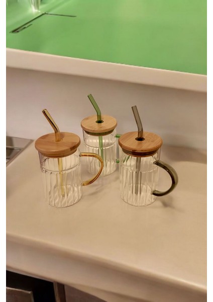Bambu Kapaklı Cam Pipetli Kupa 420 ml | Yeşil modelleri