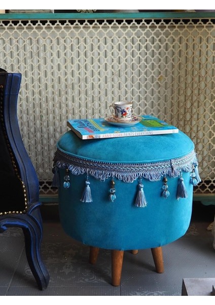 Turkuaz Renginde Ahşap Ayaklı Vintage Puf
