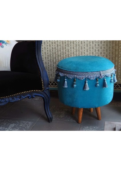 Turkuaz Renginde Ahşap Ayaklı Vintage Puf fiyatları