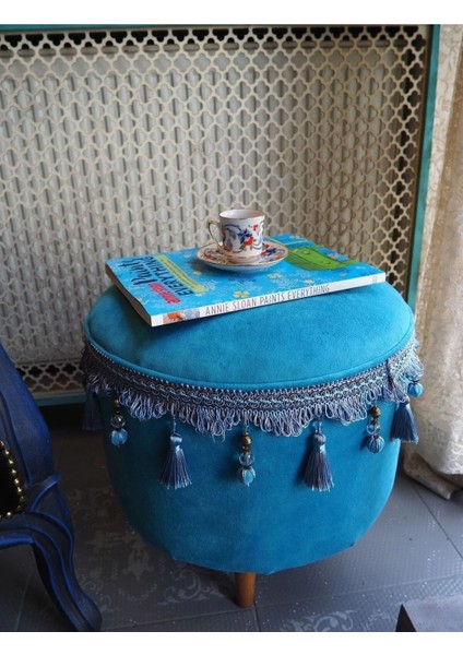 Turkuaz Renginde Ahşap Ayaklı Vintage Puf indirimleri