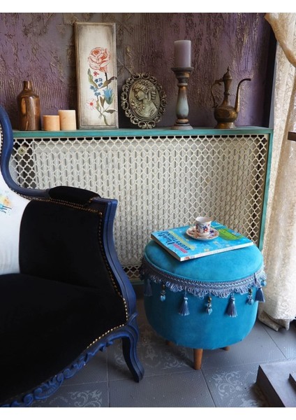Turkuaz Renginde Ahşap Ayaklı Vintage Puf