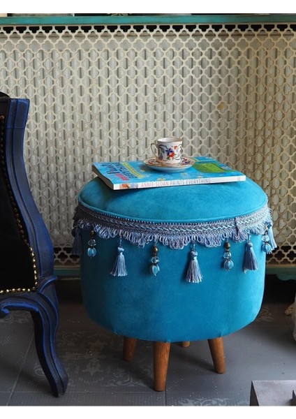 Turkuaz Renginde Ahşap Ayaklı Vintage Puf