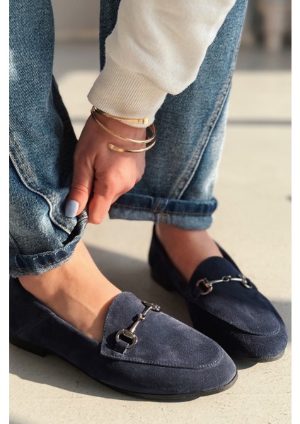 Palvora Hakiki Süet Toka Detaylı Kadın Loafer Lacivert