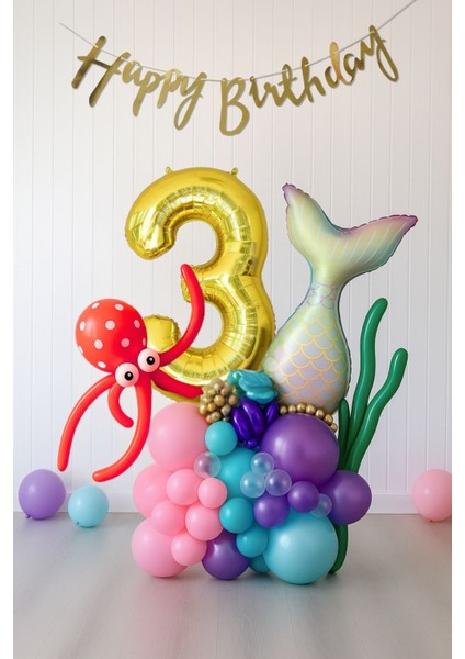 3 Yaş Kız Çocuk Doğum Günü Deniz Kızı Balon Buketi Denizkızı Tema Gold Rakam Balon Zinciri Konsepti