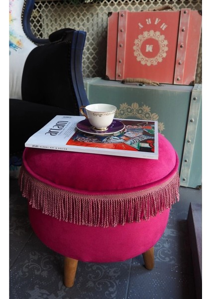 Fuşya Rengi Kadife Kumaştan Ahşap Ayaklı Vintage Puf
