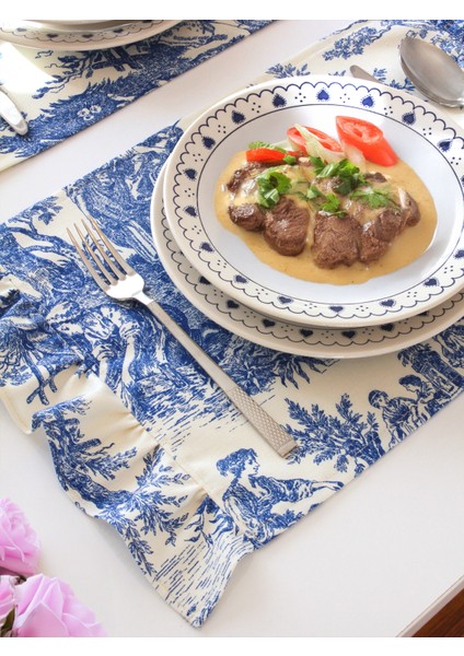 Premium 2'li Fırfırlı & Fransız Köylüleri Desenli Kumaş Amerikan Servis Seti - Vintage ve Şık Set