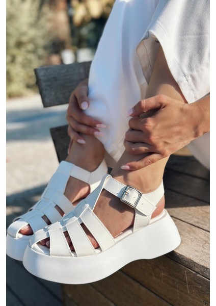 Porens Mat Deri Kalın Taban Kadın Sandalet Beyaz modelleri